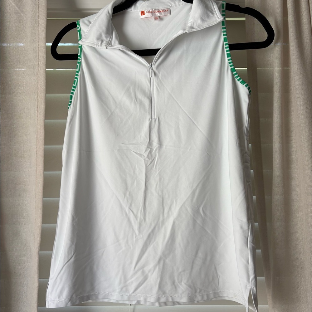 Jude Connally Sleeveless Zip Polo Top White with Green Trim Size Small